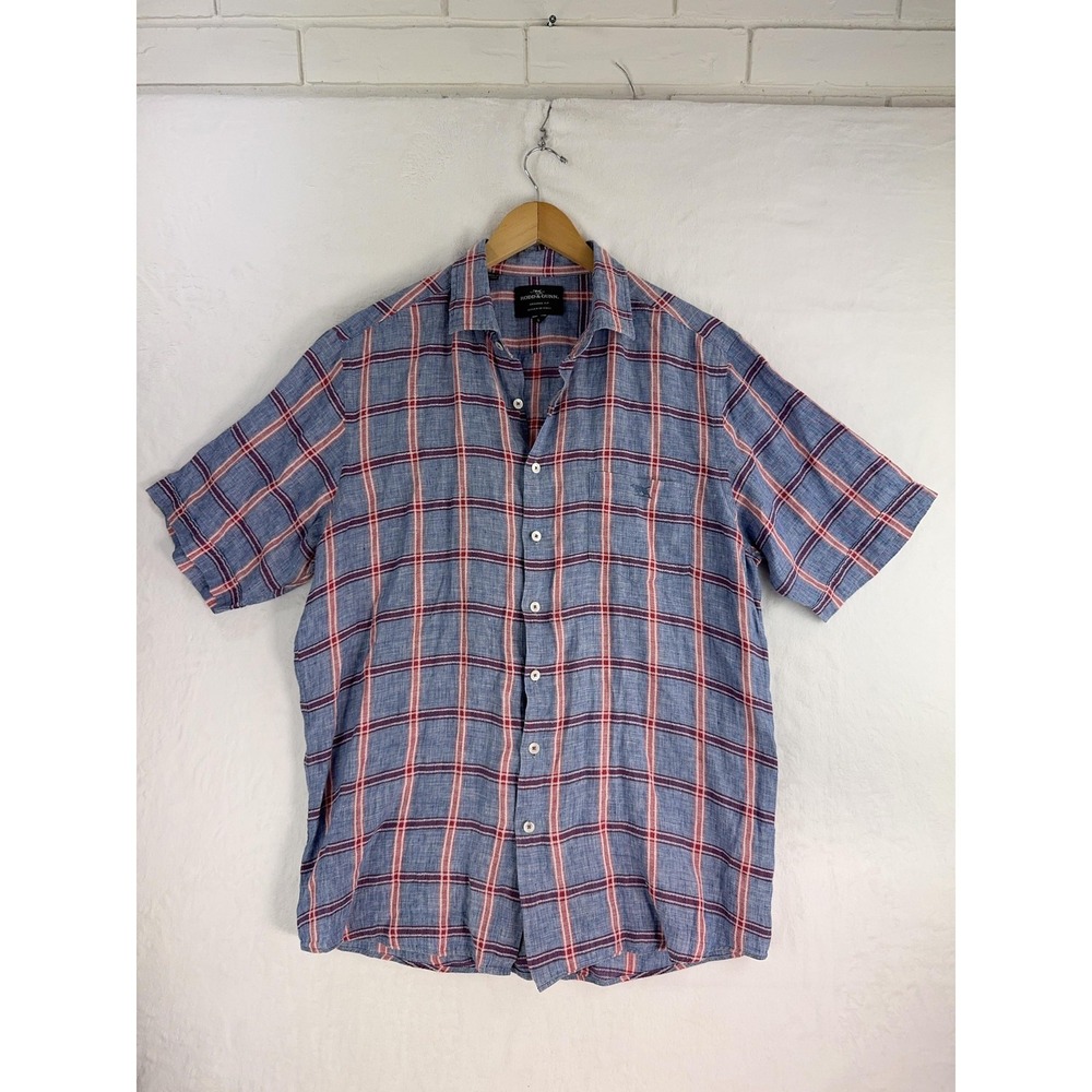 Rodd & Gunn Shirt Mens‎ Large Blue Red Plaid Linen Blend Button Up Casual Pocket